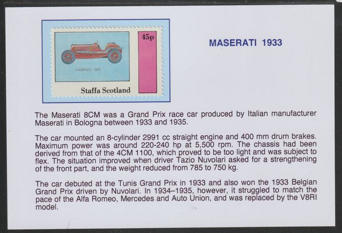 Staffa 1982 Early Racing Cars - 1933 Maserati 45p mounted on glossy card with historical notes - privately produced 150mm x 100mm, stamps on cars, stamps on maserati, stamps on  f1 , stamps on formula !, stamps on 