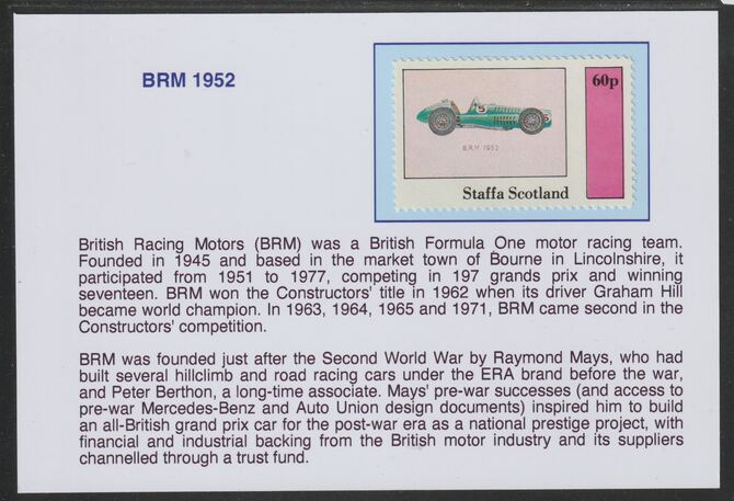 Staffa 1982 Early Racing Cars - 1952 BRM 60p mounted on glossy card with historical notes - privately produced 150mm x 100mm, stamps on cars, stamps on  brm , stamps on  f1 , stamps on formula !, stamps on 