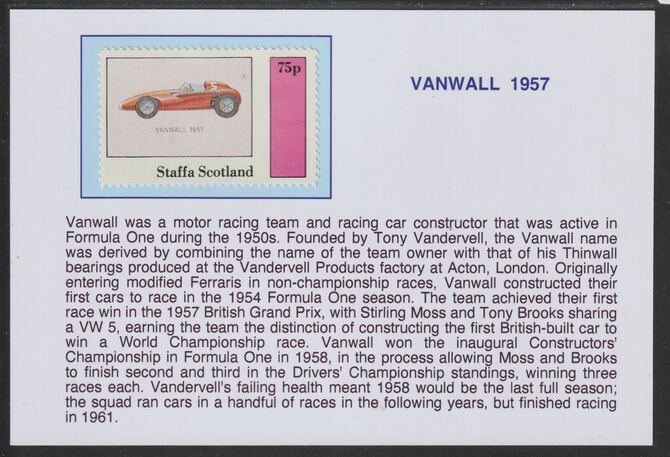 Staffa 1982 Early Racing Cars - 1957 Vanwall 75p mounted on glossy card with historical notes - privately produced 150mm x 100mm, stamps on cars, stamps on vanwall, stamps on  f1 , stamps on formula !, stamps on 