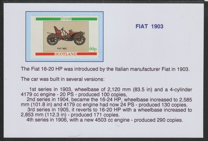 Grunay 1982 Vintage Cars - 1903 Fiat 60p mounted on glossy card with historical notes - privately produced 150mm x 100mm, stamps on cars, stamps on fiat, stamps on 