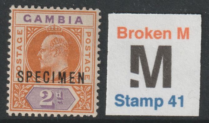 GAMBIA 1902 KE7 2d optd SPECIMEN with BROKEN M variety mint - Only 13 can exist, stamps on 