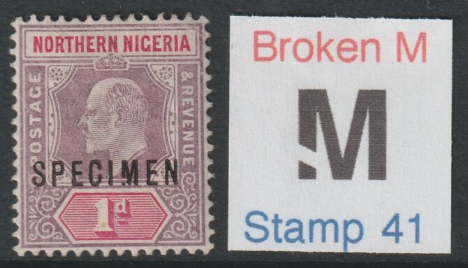 Northern Nigeria KE7 1d optd SPECIMEN with BROKEN M variety mint - Only 13 can exist, stamps on 