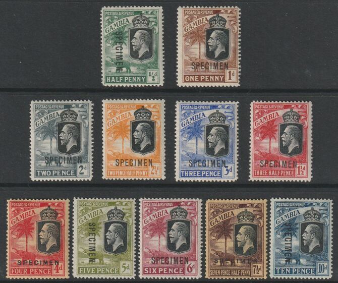 GAMBIA 1921 KG5 Script set of 11 values to 10d each overprinted SPECIMEN, fine with gum and only about 400 sets were produced, stamps on , stamps on  stamps on 