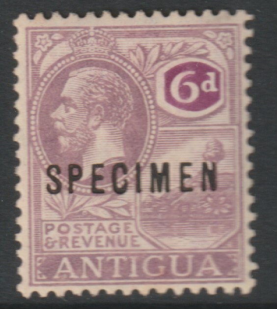 ANTIGUA 1921 KG5 Script CA 6d overprinted SPECIMEN with gum and only about 400 produced, stamps on 