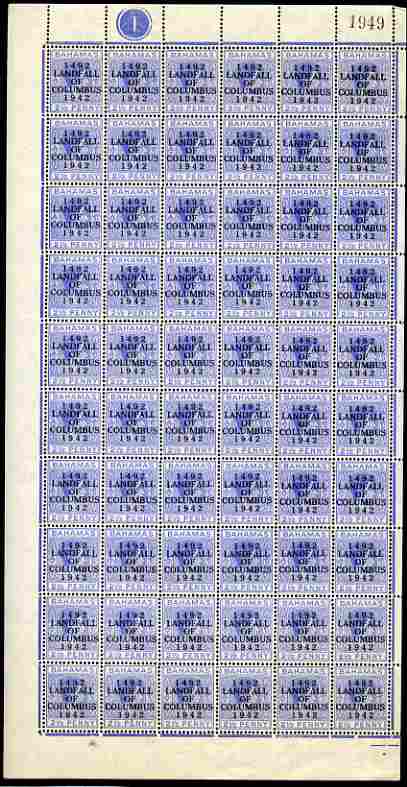 Bahamas 1942 KG6 Landfall of Columbus 2.5d ultramarine complete left pane of 60 including plate varieties R1/1 & R10/1 (Damaged corners) plus overprint varieties R1/2 (Fl...