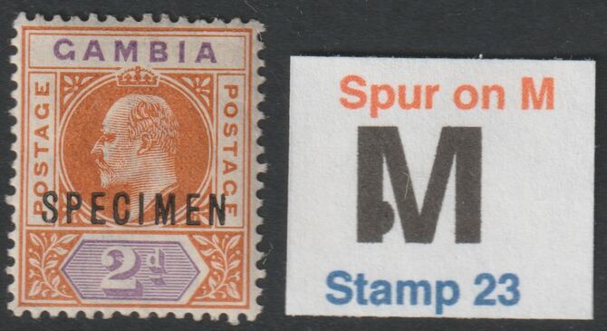 GAMBIA 1902 KE7 2d overprinted SPECIMEN with Spur on M variety (stamp 23) mint with gum only 13 can exist (SG 47s var), stamps on 