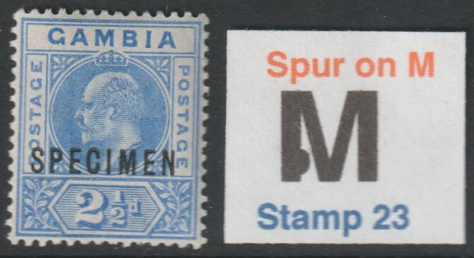 GAMBIA 1902 KE7 2.5d overprinted SPECIMEN with Spur on M variety (stamp 23) mint with gum only 13 can exist (SG 48s var), stamps on , stamps on  stamps on 