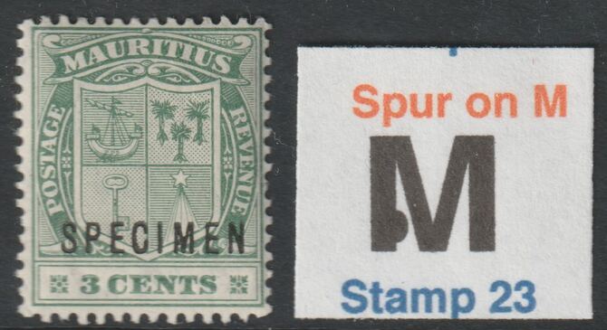 MAURITIUS 1910 Arms 3c overprinted SPECIMEN with Spur on M variety (stamp 23) mint with gum only 7 can exist (SG 183s var), stamps on 