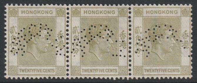 HONG KONG 1946 KG6 25c pale yellow-olive perforated SPECIMEN in a horizontal strip of 3 without gum - less than 400 stamps were produced and Specimen multiples are rare, stamps on 