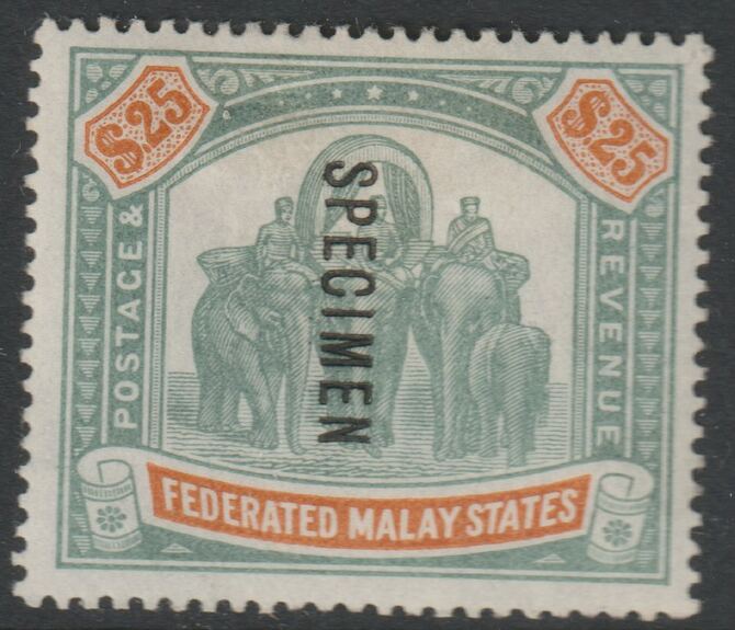 MALAYA - FMS 1900-01 $25 Crown CC overprinted SPECIMEN with clean white gum and fairly well centred - onlyabout 750 were produced SG 26s, stamps on 