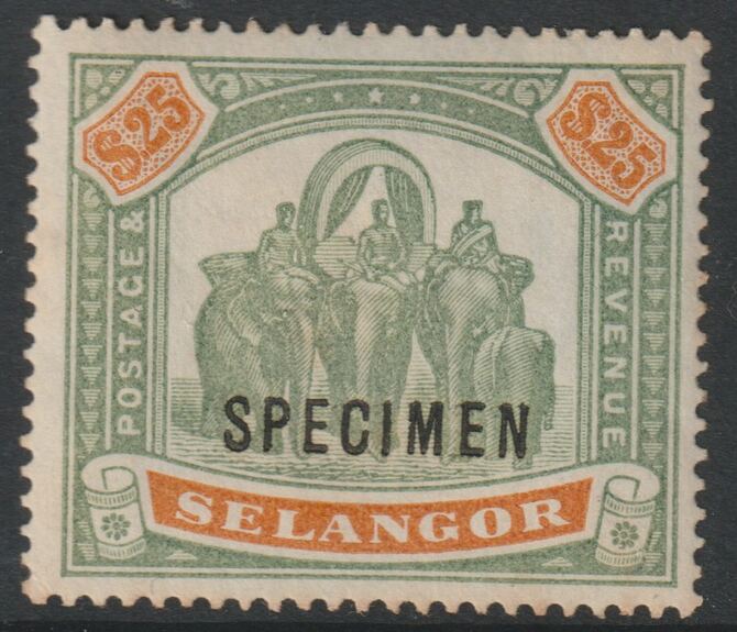 MALAYA - SELANGOR 1897 $25 Crown CC overprinted SPECIMEN with little or no gum - only about 750 were produced SG 26s, stamps on , stamps on  stamps on 