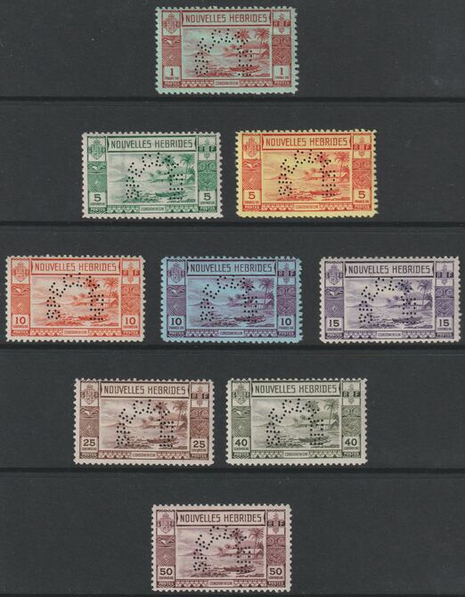 NEW HEBRIDES 1938 9 values only perfd SPECIMEN fine and very fresh with gum and only about 400 produced between SG F53s-F64s, stamps on 
