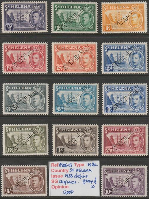 St HELENA 1938 KG6 complete set of 14 perforated SPECIMEN fine and very fresh with gum with only about 400 sets produced SG 131s-140s plus opinion of genuineness by John ..., stamps on xxx