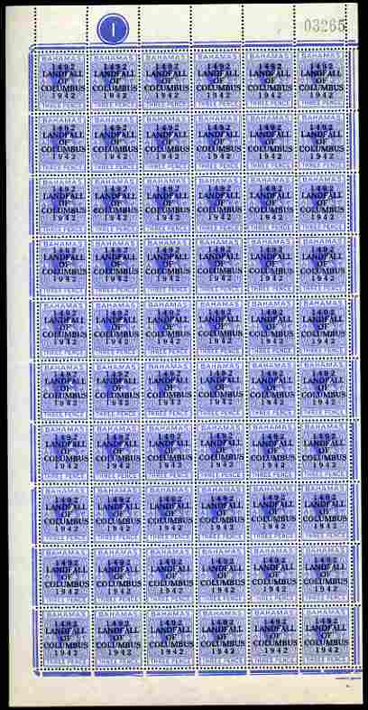 Bahamas 1942 KG6 Landfall of Columbus 3d ultramarine complete left pane of 60 including plate varieties R1/1 & R10/1 (Damaged corners) plus overprint varieties R1/2 (Flaw in N), R1/4 (Damaged top of L), R2/4 (Broken F), R3/2 (Flaw in second U), R8/2 (Flaw in S), R8/5 (law in D), R8/6 (Broken 2) and R10/2 & R10/4 (Flaw on O) among others, a few split perfs otherwise fine unmounted mint, stamps on , stamps on  stamps on , stamps on  stamps on  kg6 , stamps on  stamps on varieties, stamps on  stamps on columbus, stamps on  stamps on explorers