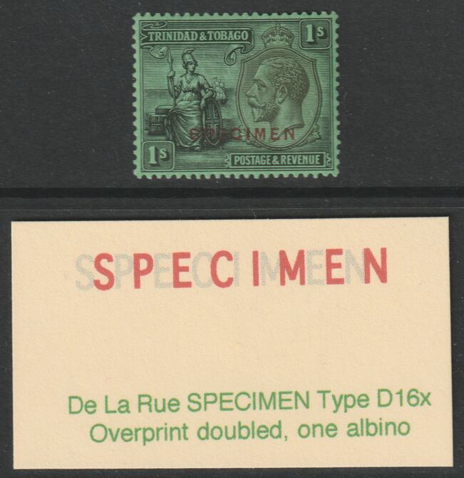 TRINIDAD & TOBAGO 1922-28 KG5 1s overprinted SPECIMEN fine with gum with overprint DOUBLED, one ALBINO - the only recorded example SG 227svar, stamps on 