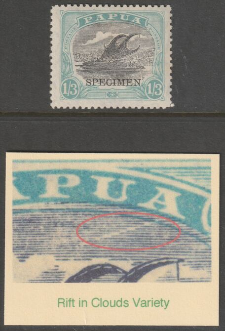 PAPUA 1932 LAKATOI 1s3d overprinted SPECIMEN fine with gum showing the RIFT IN CLOUDS variety of which only 7 can exist SG 111vars, stamps on 