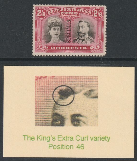 RHODESIA 1910 DOUBLE HEAD 2s6d overprinted SPECIMEN without gum showing the EXTRA CURL variety (position 45)  of which only 7 can exist SG 155s, stamps on 