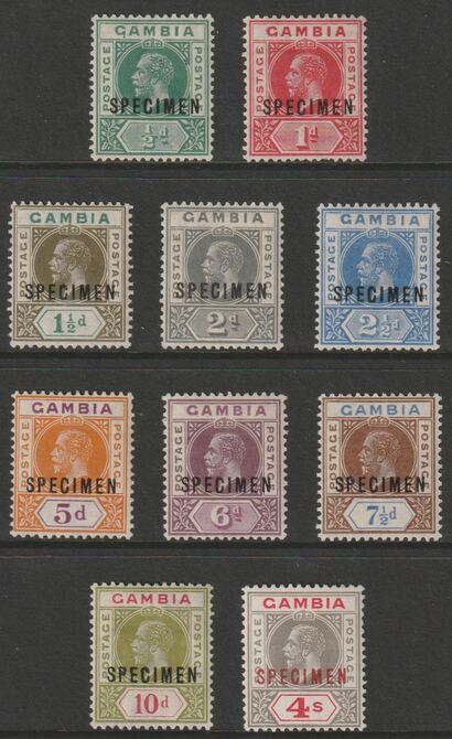 Gambia 1921-22 KGV Script CA complete def set of 10 values each overprinted SPECIMEN (Samuel type D12). A beautiful set with clean white gum and scarce with only about 400 sets produced, SG108s-117s, stamps on , stamps on  stamps on 