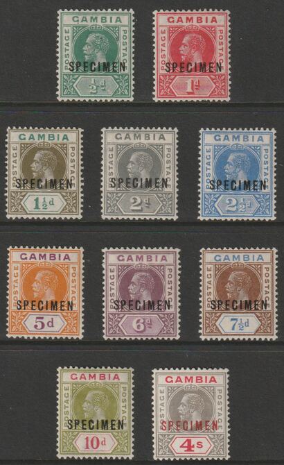 Gambia 1921-22 KGV Script CA complete def set of 10 values each overprinted SPECIMEN (Samuel type D12). A beautiful set with clean white gum and scarce with only about 40..., stamps on xxx