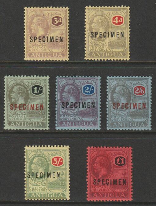 Antigua 1921 KG5 MCA set of 7 overprinted SPECIMEN fine with gum and only about 400 sets produced SG 55s-61s, stamps on 
