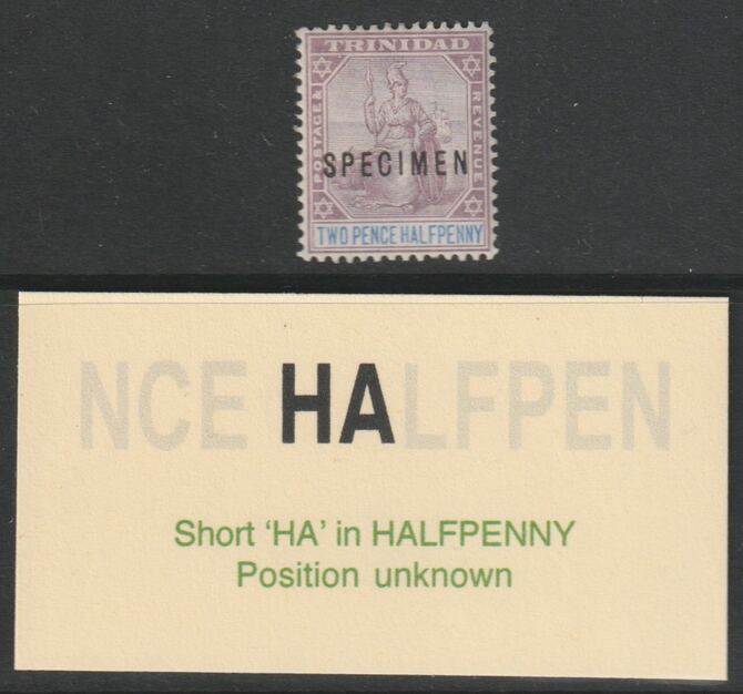  Trinidad 1896  QV  2.5d overprinted  SPECIMEN with Short  HA  variety (possibly unique) SG 117svar, stamps on 