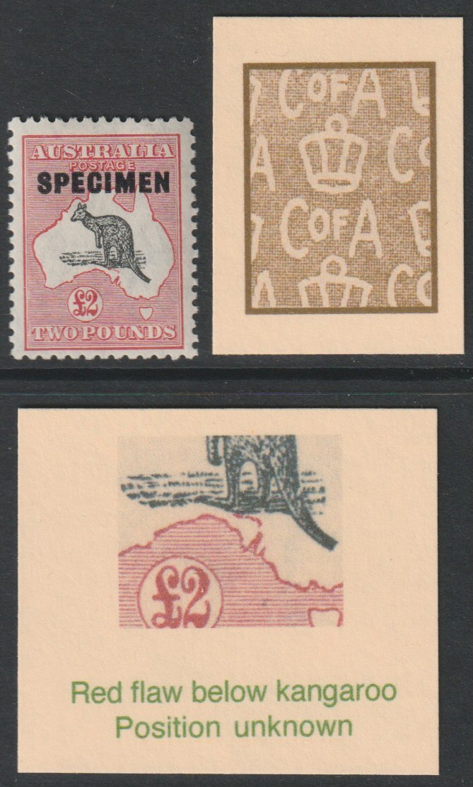 Australia 1931-6  Roo  Â£2 overprinted SPECIMEN with Red flaw variety SG 138svar, stamps on 