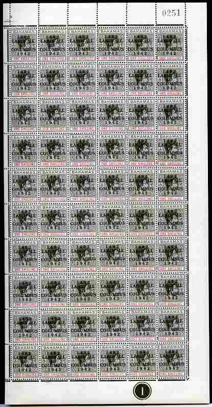 Bahamas 1942 KG6 Landfall of Columbus 1s black & red complete right pane of 60 including plate variety R10/4 (Damaged oval at 6 o'clock) plus overprint varieties R1/2 (Flaw in N), R1/4 (Damaged top of L), R2/4 (Broken F), R3/2 (Flaw in second U), R8/2 (Flaw in S), R8/5 (law in D), R8/6 (Broken 2) and R10/2 & R10/4 (Flaw on O) among others, a few split perfs otherwise fine unmounted mint, stamps on , stamps on stamps on , stamps on stamps on kg6 , stamps on stamps on varieties, stamps on stamps on columbus, stamps on stamps on explorers