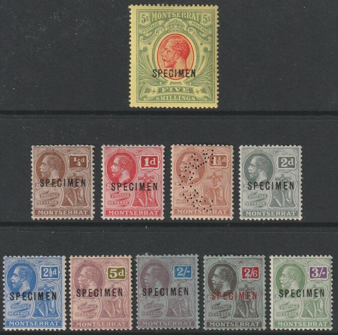 Montserrat KG5 seln of 10 values to 5s overprinted SPECIMEN fine with gum and only about 420 of each produced, stamps on , stamps on  stamps on 