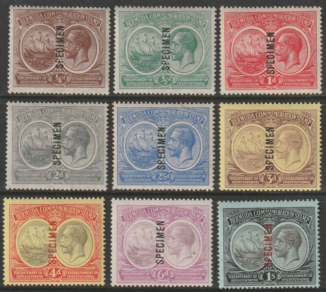 Bermuda 1920 Tercentenary set of 9 overprinted SPECIMEN fine with gum and only about 400 sets produced SG 59s-67s, stamps on 