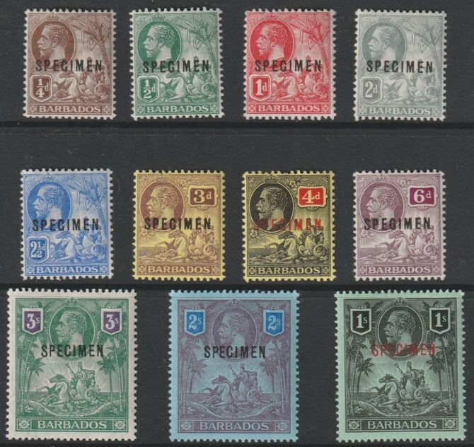 Barbados 1912-16 KG5 set of 11 overprinted SPECIMEN fine with gum and only about 400 sets produced SG 170s-180s, stamps on , stamps on  stamps on 
