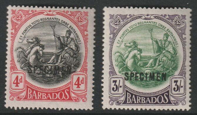 Barbados 1918-20 Britannia set of 2 values (4d & 3s) overprinted SPECIMEN fine with gum and only about 400 sets produced SG 199s-200s, stamps on 