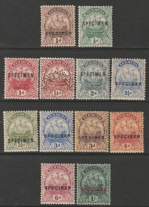Bermuda 1922-34 Caravelle Script CA complete set of 12 overprinted or perforated SPECIMEN fine with gum and only about 400 sets produced SG 77s-87s, stamps on 