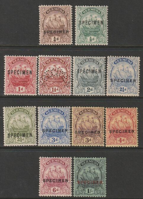 Bermuda 1922-34 Caravelle Script CA complete set of 12 overprinted or perforated SPECIMEN fine with gum and only about 400 sets produced SG 77s-87s, stamps on 