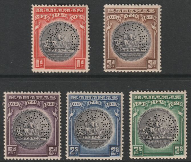 Bahamas 1930 Tercentenary set of 5 perforated SPECIMEN fine with gum and only about 400 sets produced SG 126s-130s, stamps on , stamps on  stamps on 