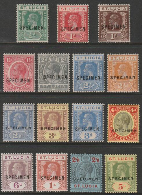St Lucia 1921-30 KG5 Script CA set of 15 overprinted SPECIMEN fine with gum and only about 400 sets produced SG 91s-105s, stamps on 