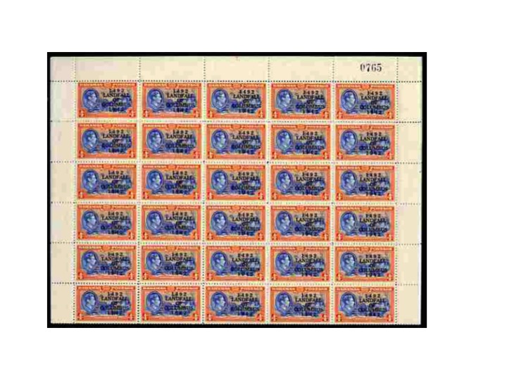 Bahamas 1942 KG6 Landfall of Columbus 4d blue & orange (Sea Garden) complete sheet of 60 including overprint varieties R6/2 (Broken 2), R7/1 (Co.lumbus) among others, a f...