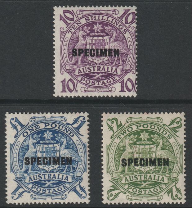 AUSTRALIA 1949 ARMS set of 3 overprinted SPECIMEN fine with gum and only about 400 sets produced SG 224bs-224ds, stamps on 
