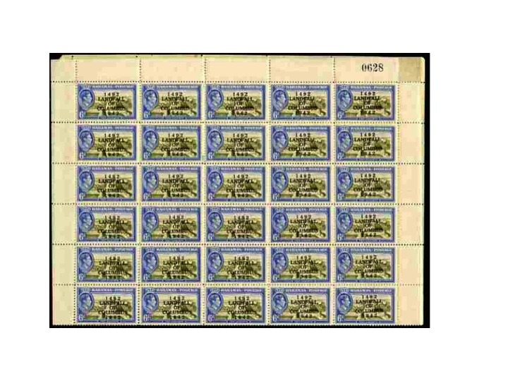 Bahamas 1942 KG6 Landfall of Columbus 6d olive-green & blue (Fort Charlotte) complete sheet of 60 including overprint varieties R6/2 (Broken 2), R7/1 (Co.lumbus) among ot...