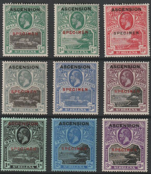 ASCENSION 1922 Overprinted set of 9 additionally overprinted SPECIMEN fine with gum and only about 400 sets produced SG 1s-9s, stamps on , stamps on  stamps on 