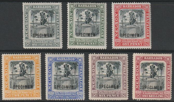 BARBADOS 1906 NELSON CENTENARY set of 7 overprinted SPECIMEN fine with gum and only about 750 produced SG 145s-151s, stamps on 