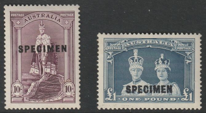 AUSTRALIA 1937 ROBES 10s & Â£1 overprinted SPECIMEN fine with gum and only about 400 produced SG 177s-178s, stamps on 