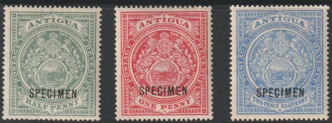 ANTIGUA 1908 Badge set of 3 overprinted SPECIMEN fine with gum and only about 400 produced SG 41s-46s, stamps on 