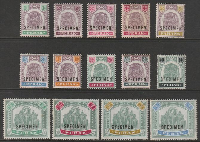 MALAYA - PERAK 1895-8 Tigers & Elephants set of 14 overprinted SPECIMEN mainly fine and only about 750 produced SG 66s-79s, stamps on xxx