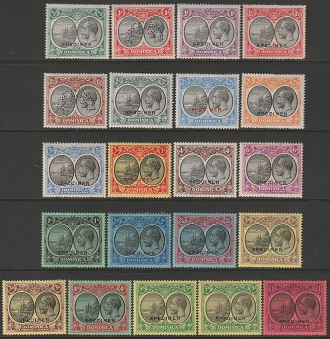 DOMINICA 1923-33 KGV Badge Issue set of 21 overprinted or perforated SPECIMEN mainly fine and only about 400 produced SG 71s-91s, stamps on 