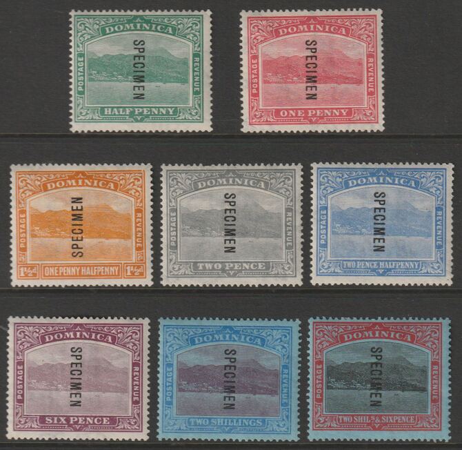 DOMINICA 1921 Roseau Script CA set of 8 overprinted SPECIMEN mainly fine and only about 400 produced SG 62s-70s, stamps on 
