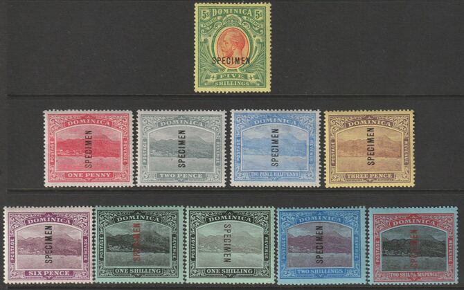 DOMINICA 1908-20 Roseau & KGV MCA set of 10 (incl both 1s) overprinted SPECIMEN mainly fine and only about 400 produced SG 48s-54s, stamps on 