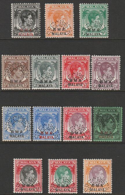 MALAYA - BMA 1945-48 KG6 set of 14 perforated SPECIMEN mainly fine and only about 400 produced SG 1s-18s, stamps on xxx