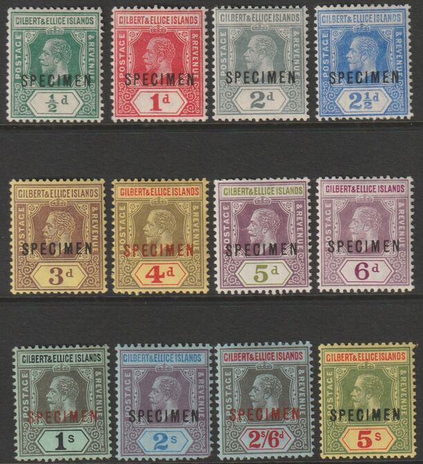 GILBERT & ELLICE 1912 KGV set of 12 to 5s overprinted SPECIMEN mainly fine and only about 450 produced SG 12s-23s, stamps on 