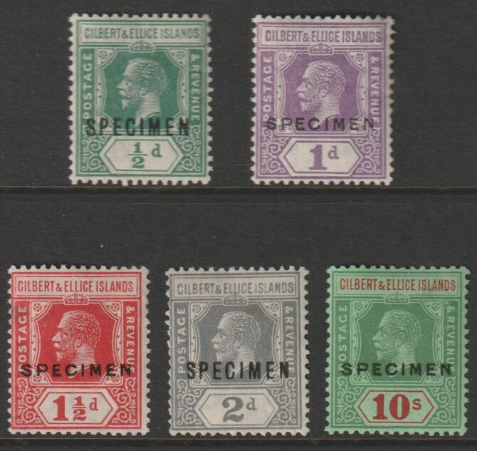 GILBERT & ELLICE 1922 KGV Script CA set of 5 overprinted SPECIMEN mainly fine and only about 400 produced SG 27s-35s, stamps on xxx