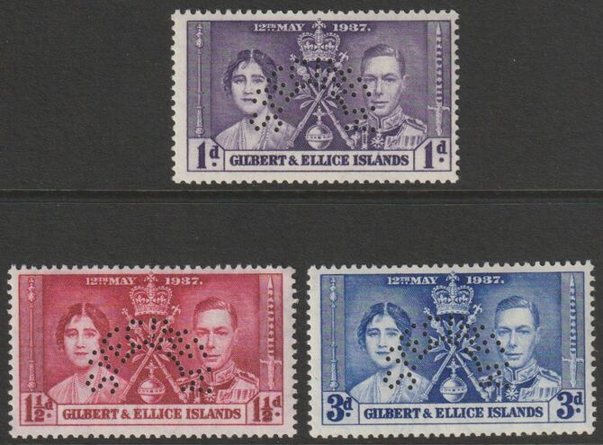 GILBERT & ELLICE 1937 Coronation set of 3 perforated SPECIMEN fine with gum and only 421 sets produced SG 40s-42s, stamps on xxx